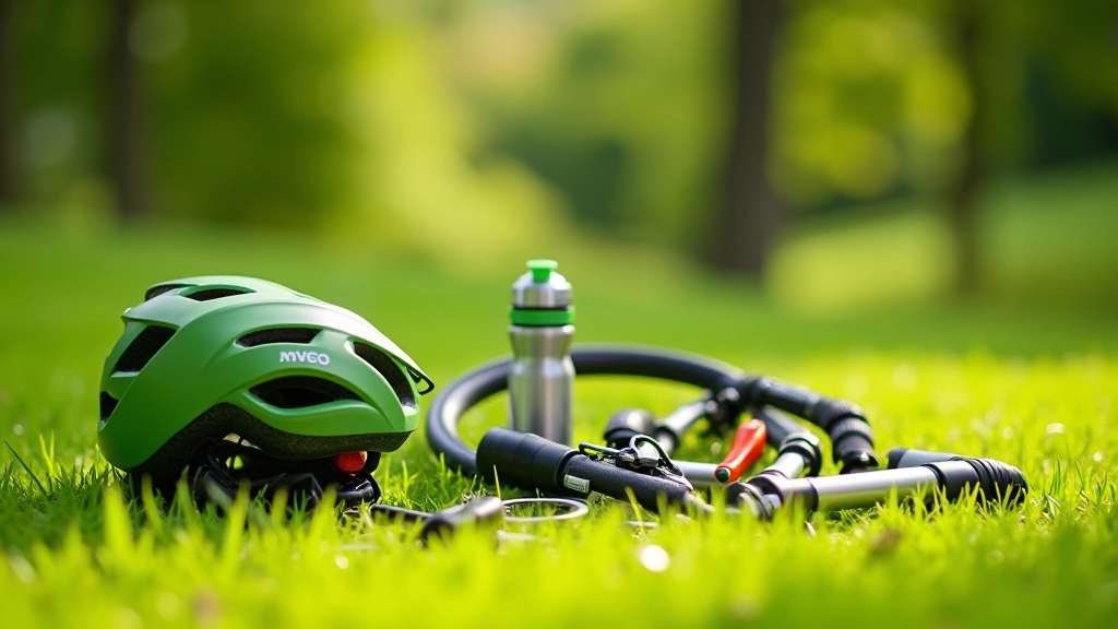 Cyklistické vybavení naskládané na zemi včetně helmy, pumpy a opravárenských nástrojů