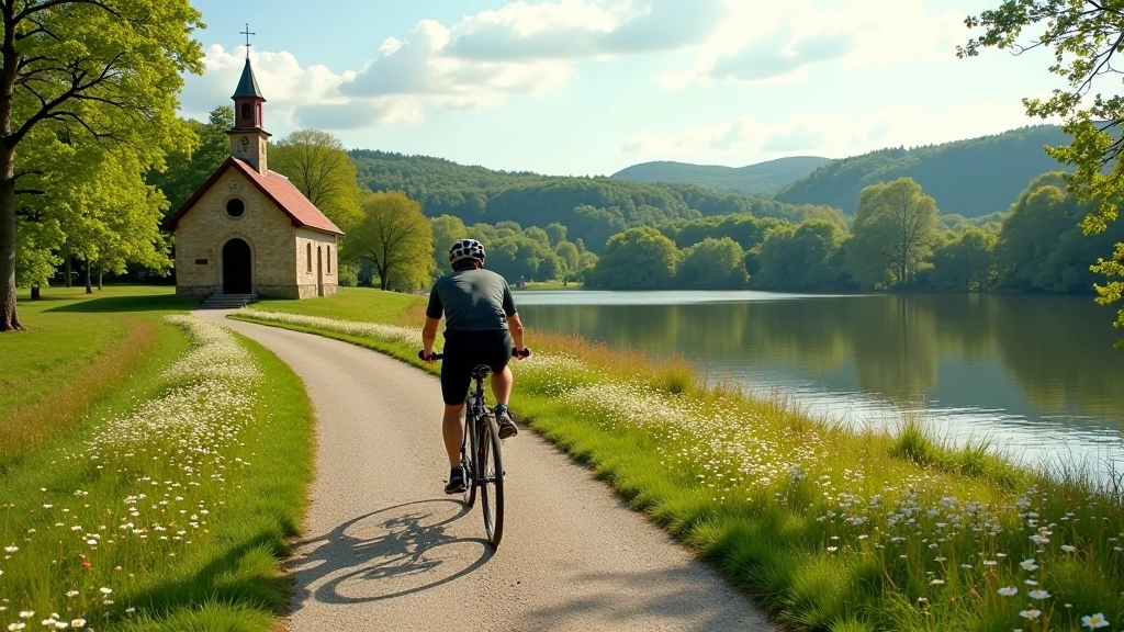 Cyklista jedoucí kolem starého rybníka s červeným kaple u vody, Třeboňsko, slunečný den