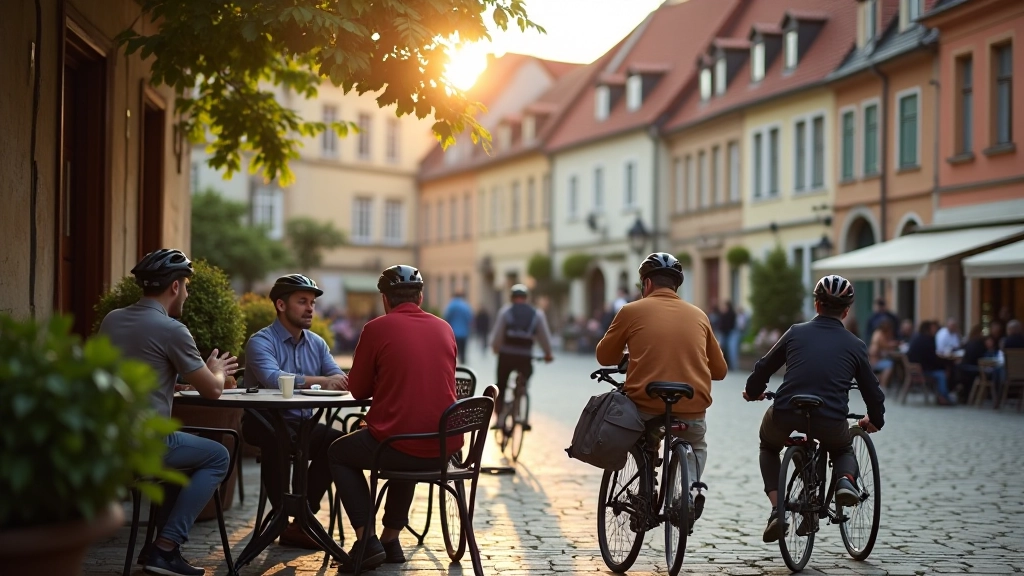 Cyklisté odpočívají v malém městě Český Krumlov s historickými budovami v pozadí