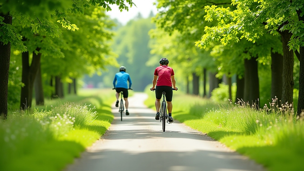 Cyklisté jedoucí po zelené cyklostezce mezi stromy s řekou v pozadí