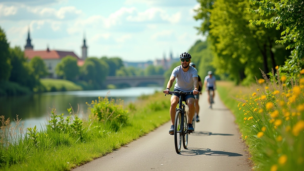 Skupina cyklistů jedoucích na malebné cyklostezce podél řeky s městem v pozadí