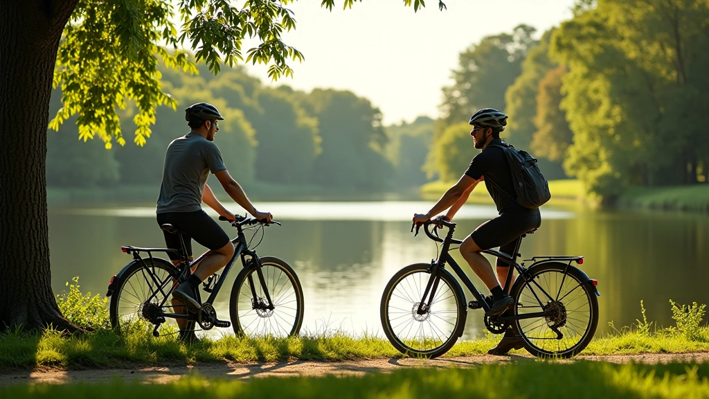 Cyklisté s koly odpočívají u malebného jezera v krajině Třeboňska, slunečný den