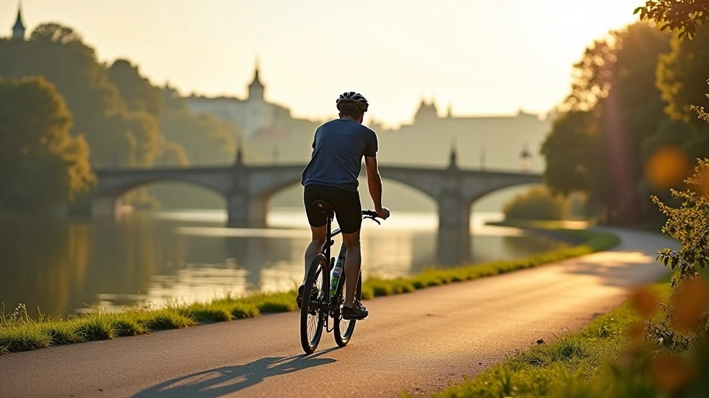 Cyklista na kole podél Vltavy s historickými budovami Prahy v pozadí