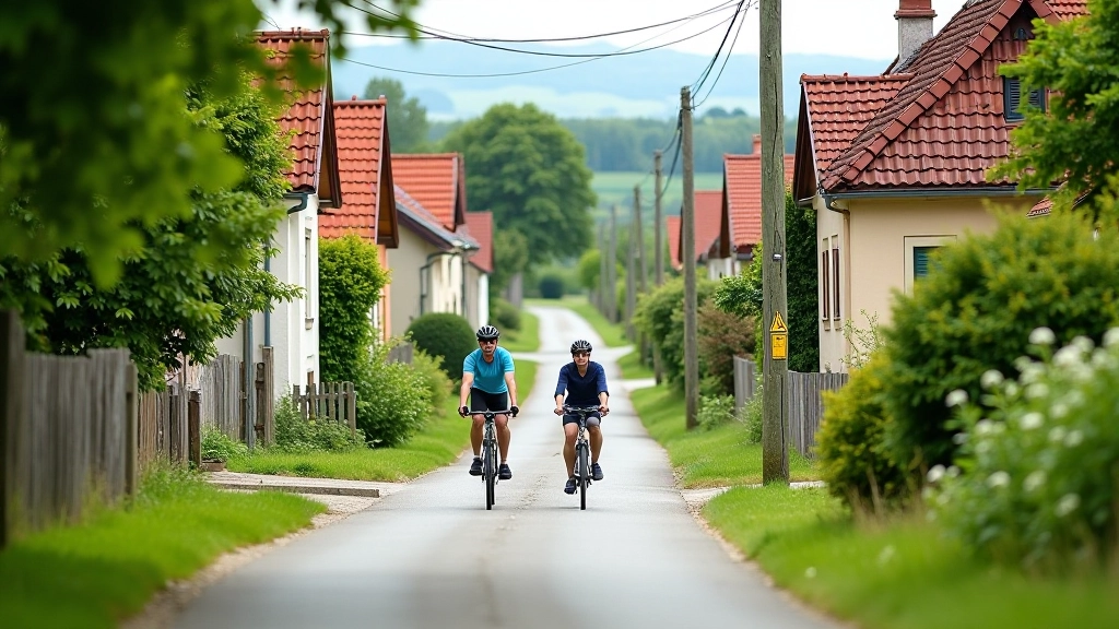 Malá vesnice v jižních Čechách s tradičními domky, cyklisté jedoucí pomalu skrze ulici, zelená krajina