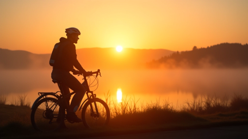 Východ slunce nad rybníckem v Třeboňsku, silhoueta cyklisty s kolem, mlha nad vodou, klidná atmosféra