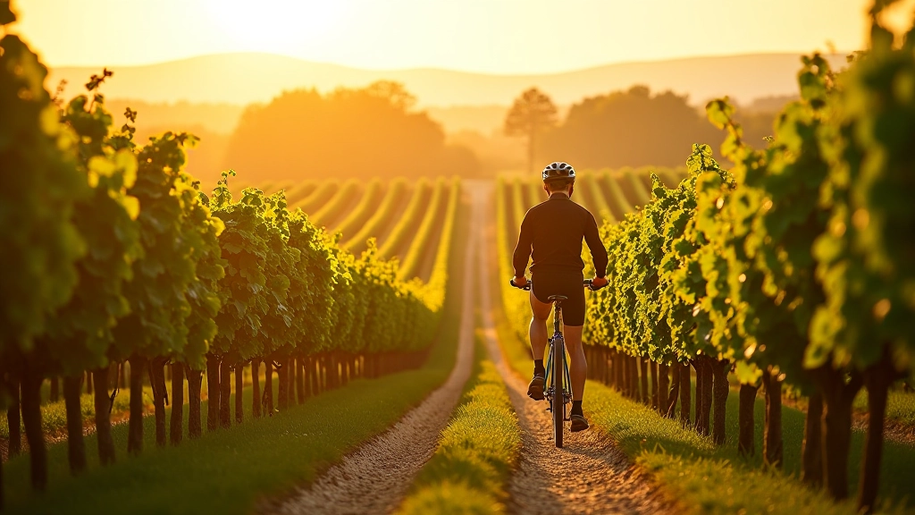 Vinice v Moravě se cyklistou s kolem v popředí, viničí řady do dálky