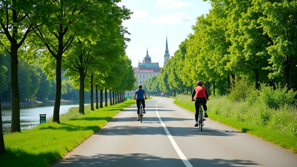 Čistý a bezpečný cyklistický pas podél Vltavy v Praze se stromy a historickými stavbami